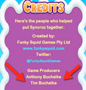 Credits screen from Syncroz an IOS an Android mobile app